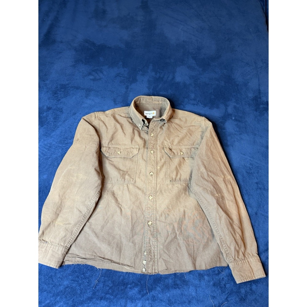 Carhartt Womens Work Shirt Medium Brown Distressed Raw Hem Button Up M